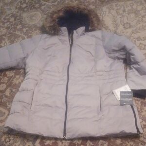 Women's Light Gray Puffer Jacket with Faux Fur Hood